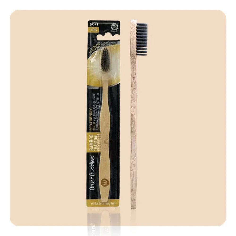 Set of 12 Brush Buddies Bamboo Toothbrush Charcoal Infused Soft Bristles